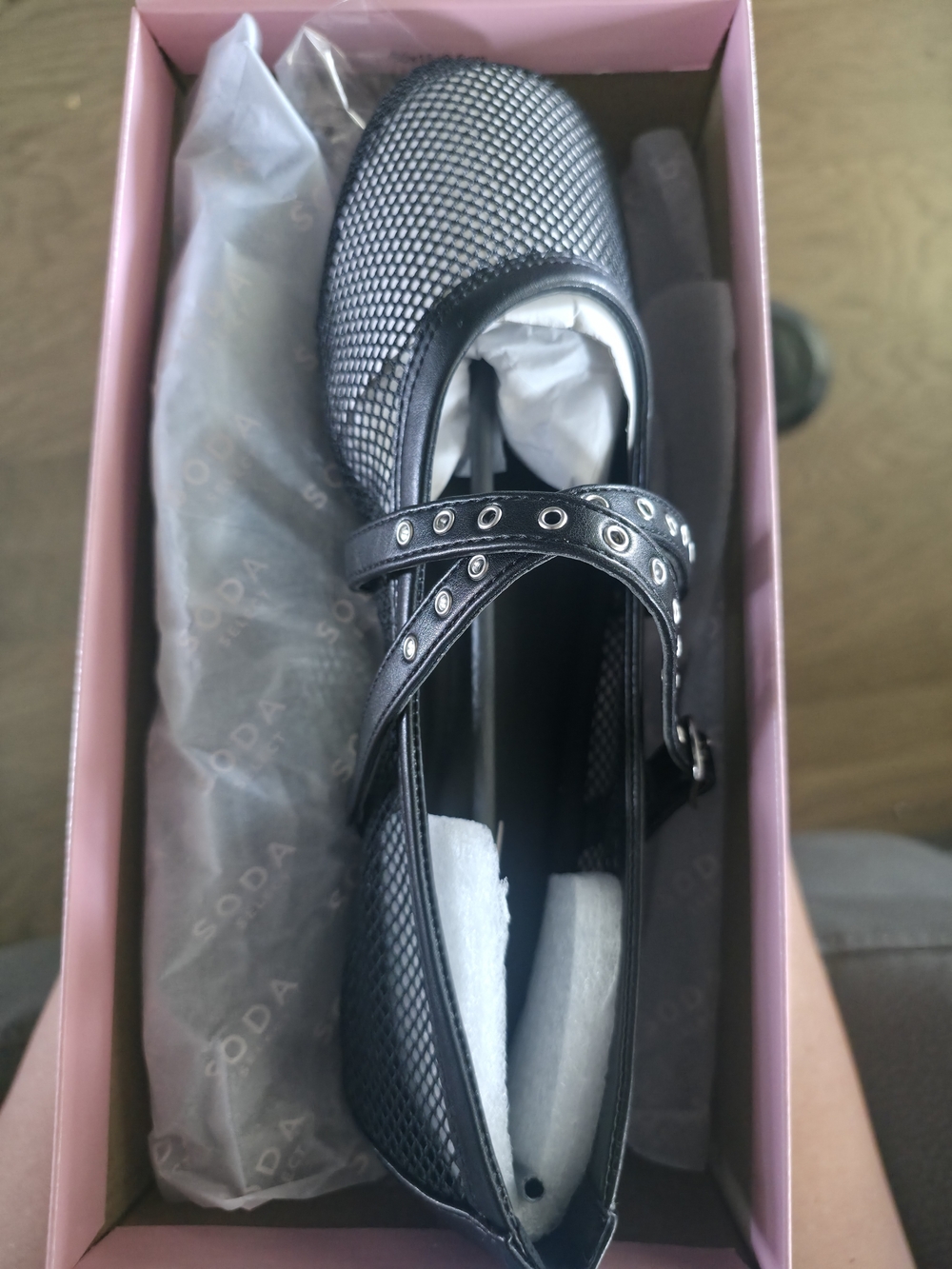 Soda Black Textured Mary Jane Flats with Studded Cross Straps